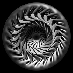 3d render with black and white monochrome abstract art surreal glass sphere with industrial mechanical turbine engine inside with curve fractal structure in white ceramic and metal parts on black  © Philipp