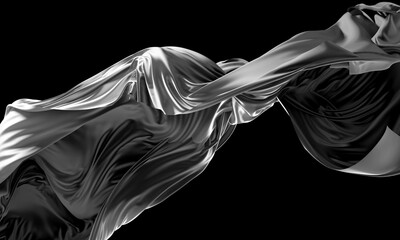 3d render of abstract black and white monochrome art of 3d background with part of silky textile drapery in curve wavy lines with a lot of wrinkles in matte liquid aluminum metal material