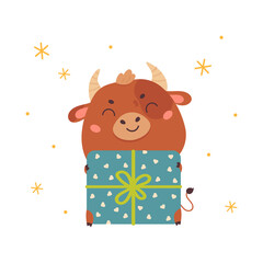 Cute cartoon ox with Christmas gift. Design for greeting cards, stickers, banners, prints. Xmas card. Merry Christmas and Happy new year 2021. Vector colorfull illustration