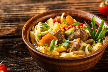 Lagman asian soup. concept of oriental Uzbek cuisine, Food recipe background. Close up