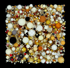 3d render of abstract art with surreal cube or box based on small and big Christmas balls in plastic glass and gold metal material in black yellow and red color on isolated black background
