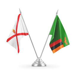 Zambia and Jersey table flags isolated on white 3D rendering