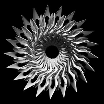 3d Render Of Abstract Art Of Surreal Black And White Poisoned Creepy Spooky Halloween Symmetry Star Flower Or Turbine Jet Engine With Sharp Blades In White Matte Plastic With Silver Metal Parts 