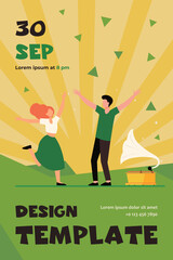 Young couple enjoying retro party. Happy girl and guy dancing at gramophone flat vector illustration. Entertainment, romance, fun concept for banner, website design or landing web page