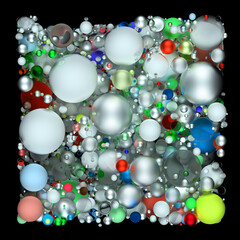 3d render of abstract art with surreal cube or box based on small and big festive party balls in plastic glass and metal material in white yellow red and blue color on isolated black background