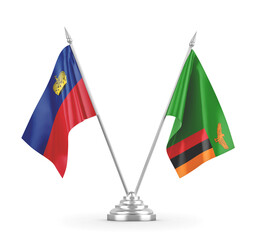 Zambia and Liechtenstein table flags isolated on white 3D rendering