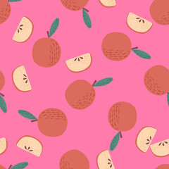 Bright seamless pattern with food red apple and slices print. Pink background. Contrast design.