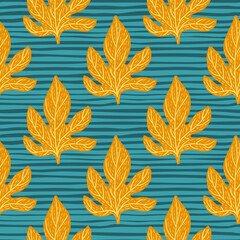 Seamless pattern with nature falling leaves orange ornament. Bright blue striped background.