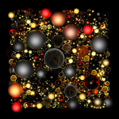 3d render of abstract art with surreal cube or box based on small and big Christmas balls in plastic glass and metal material in black yellow and red color on isolated black background