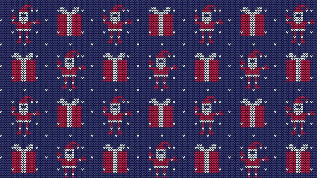 Christmas knitted seamless video pattern with Santa and gifts. Looped Animation.