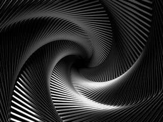 3d render of abstract black and white monochrome  art 3d background with spiral twisted fractal stairs funnel or tunnel based on curve matte metal aluminum parts  