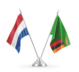 Zambia and Netherlands table flags isolated on white 3D rendering
