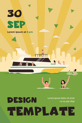 Cheerful people sailing on luxury boat isolated flat vector illustration. Cartoon character relaxing on yacht cruise. Yachting, sea and summer vacation concept