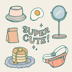 Hand drawn set of random objects. Aesthetic sticker pack. Vector illustrations in retro style.