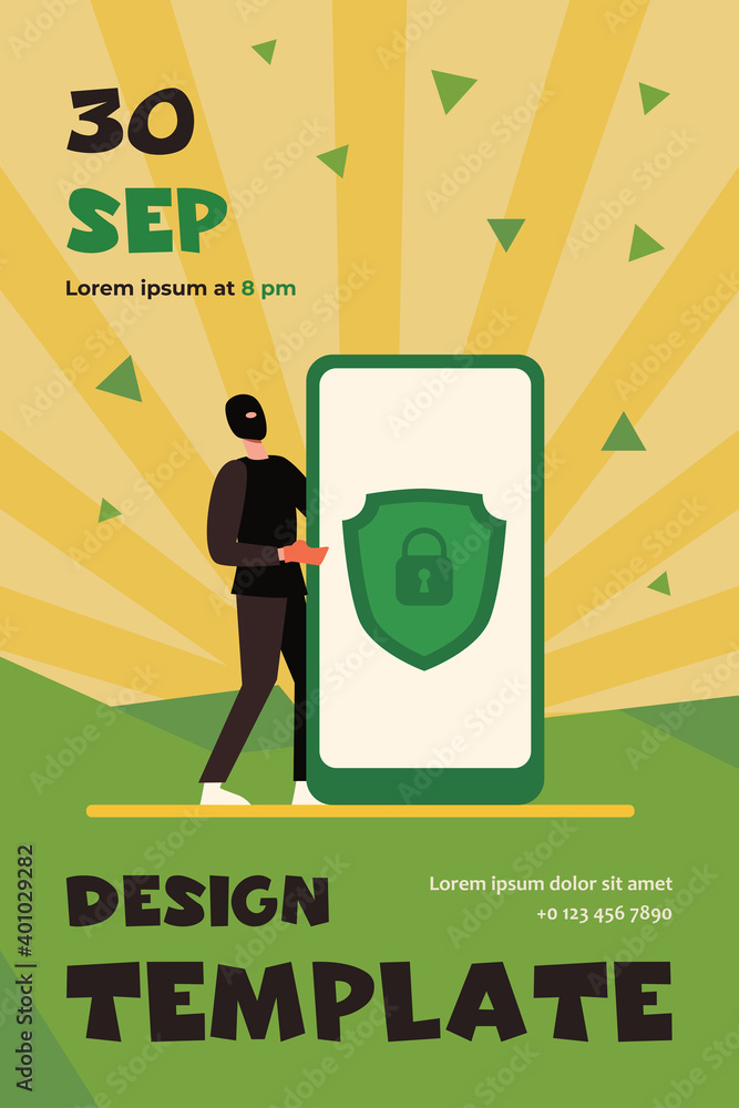 Poster data protection on mobile phone. hacker stealing personal data flat vector illustration. hacking, fr