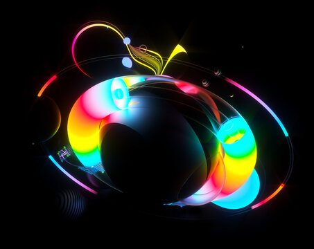 3d render of abstract art with surreal flying meta balls and rings or festive party balloons with parallel lines pattern on surface with neon glowing pink yellow and blue color gradient lights 