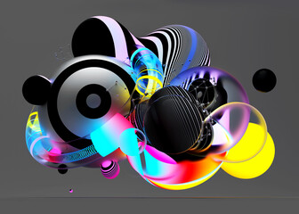 Obraz na płótnie Canvas 3d render of abstract art with surreal flying meta balls spheres bubbles or festive party balloons with parallel lines pattern on surface with neon glowing pink yellow and blue color lights on grey