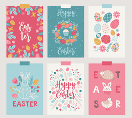 Fototapeta na wymiar Easter greeting cards with eggs, berries, bunny, sheep, hen, leaves