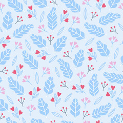 Valentine seamless pattern with hearts, leaves, berries, flowers. Vector illustration