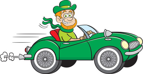 Cartoon illustration of a leprechaun driving a convertible sports car.