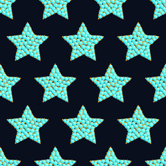 Blue stars on a dark background, blue stones, beads, turquoise. Seamless pattern. 3d pattern for fabric design, print for textile, wrapping. Vector illustration. Marine design. Stars background.