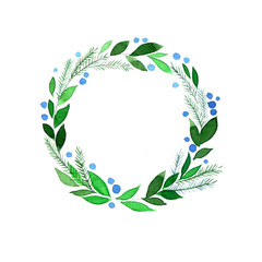 cute watercolor wreath of green leaves and berries. clip-art for christmas, wedding. simple wreath, frame, design for invitation, greeting card, packaging.