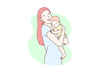 A mother holding her cute baby. Hand drawn style vector design illustrations.