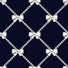 White bows and pearls on blue background. 3D Vector illustration for fabric design, print for textile, scarf, underwear and packaging. Textile pattern, print pattern, wrapping. Seamless pattern.