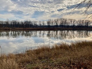 reflection of clouds and trees in river