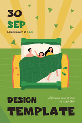 Happy mom, dad and kid sleeping together isolated flat vector illustration. Cartoon asleep people lying in bed. Love, family and night concept