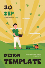 Boy playing with radio controlled toy. Truck, car, remote control flat vector illustration. Childhood, activity, fun concept for banner, website design or landing web page