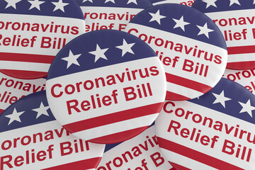 USA Politics Badges: Pile of Coronavirus Relief Bill Buttons With US Flag, 3d illustration