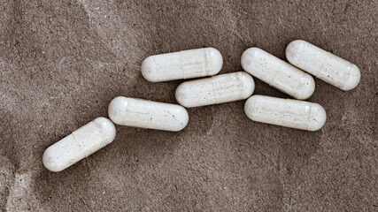 close-up of vitamin B6 (pyridoxal-5-phosphate) capsules. dietary concept. dietary supplement topview photo.