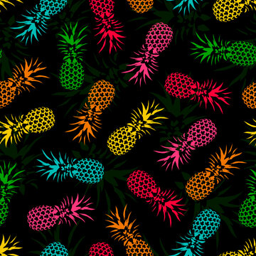 Pineapple pattern fruit seamless colorful silhouette on black background