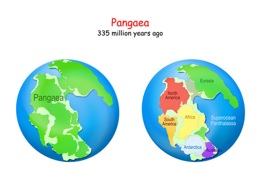 Pangaea maps with modern continental borders, and Superocean Panthalassa.