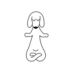 Dachshund practices yoga and meditates in lotus position. Yoga dog, relaxation and sports. Vector isolated doodle illustration. Hand drawn animal black and white