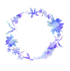 Fototapeta na wymiar Round wreath of watercolor flowers in blue scheme