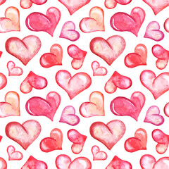 Fototapeta premium Watercolor seamless pattern with hearts isolated on white background.