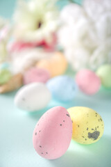 Easter greeting card background with eggs, flowers and butterflies copy space