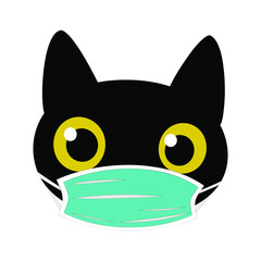 Black cat in a blue medical mask during the coronavirus period. Black cute funny kitten head isolated on white background for fashion prints, textiles, clothes. Vector illustration.