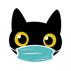 Black cat in a blue medical mask during the coronavirus period. Black cute funny kitten head isolated on white background for fashion prints, textiles, clothes. 