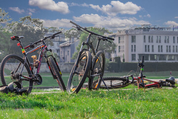 Fototapeta premium summer landscape, green grass, blue sky, bicycles on the background of city park
