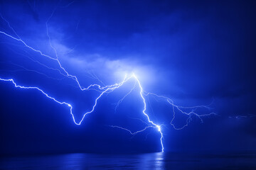 A huge branched lightning strikes the sea near a distant ship with a reflection