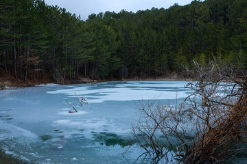 Forest lake in theForest lake in the winter forest. Cloudy sad winter landscape. Turquoise lake covered with ice. Wooden bridge on the shore. Tall slender trees around the pond. The concept of lonelin
