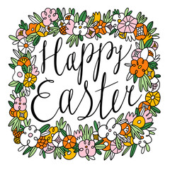 Naklejka premium Happy Easter lettering inside beautiful floral frame, vector illustration