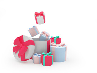 Heap of colorful gift boxes falling down isolated on white. 3d illustration