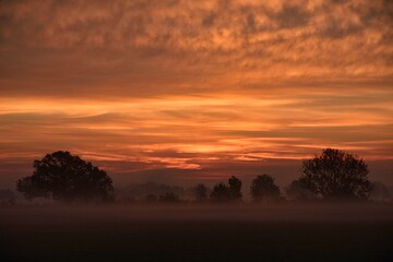 morning mood shortly before sunrise. Fog and morning dew over the fields of Netherlands. Nice color mood. Landscape in autumn