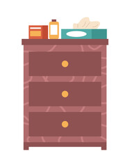 Wooden commode with three boxes isolated on white background. Chest of drawers vector illustration. Interior element made of wood. Furniture for room interior. Wet wipes and disinfectant on the closet