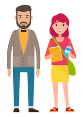 Man with beard and bow tie and cute young girl. Man standing near woman holding book and glass with a drink. Family characters father and daughter. Adult man and smiling girl student. Married couple