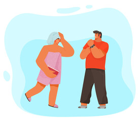 Woman with a towel on the head after shower or bath, disgruntled man makes her remark about time. Life of a young couple, the girl was in the bathroom for a long time, guy is waiting for her